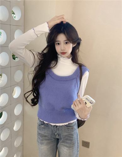 Real shot ~ 2024 spring outfit vest vest layered with knitted vest base T-shirt two-piece set