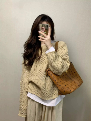 Official picture hollow round neck pullover sweater for women retro loose lazy style long-sleeved top blouse outer sweater