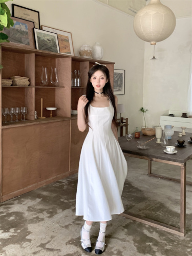 Actual shot of the new Korean style waist slimming mid-length camisole dress