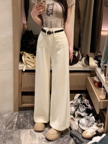Actual shot#High-waisted straight-leg loose denim trousers for women with design sense waist two-button wide-leg trousers
