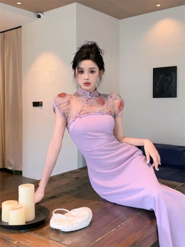 实拍改良款新中式旗袍裙香芋紫两件套网纱上衣吊带复古连衣裙