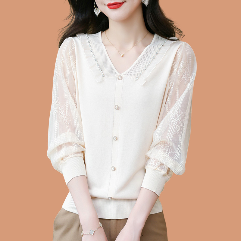 時尚春秋新款長袖娃娃領蕾絲針織衫短款毛衣女打底羊毛衫薄款內搭