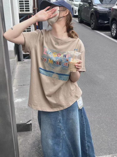 Official picture of cute childlike hand-painted style print ~ round neck pullover, dropped shoulders, short sleeves, loose casual T-shirt tops for women summer