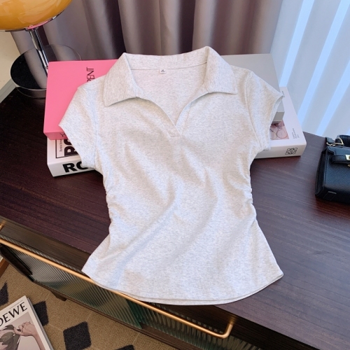 实拍纯棉 2024夏装新款polo领收腰设计感短袖T恤女