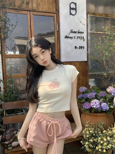 Official Picture 2024 Summer New Casual Cartoon Print Simple Slim Fit Versatile Short T-shirt Women's Short Sleeve