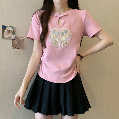 Actual shot of 2024 summer new style fat mm large size high-end national style heavy industry embroidery pleated short-sleeved T-shirt women's tops