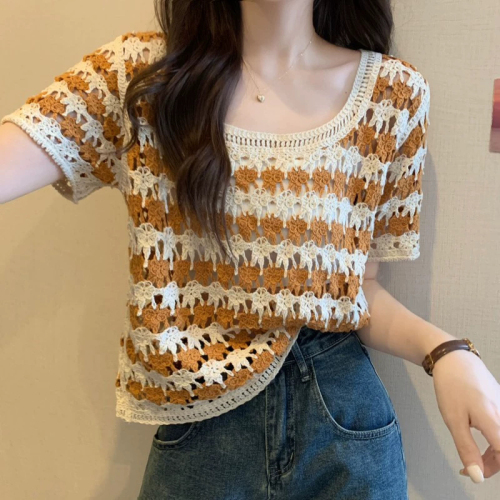 Official picture collar retro striped short-sleeved sweater for women summer hollow crochet style small loose short top