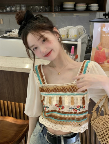 Actual shot~Summer new style crocheted hollow stitching knitted short-sleeved top for women