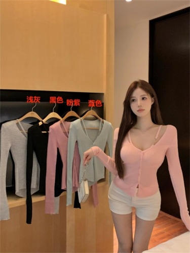 Real shot!  Light and breathable sun protection clothing slightly see-through irregular slim long-sleeved spring retro knitted hot girl top