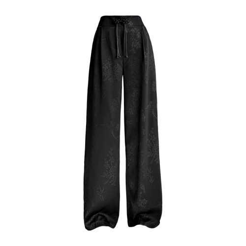 Real shot of new Chinese style national style buckle design black satin 2024 spring and summer new style loose straight wide leg pants for women