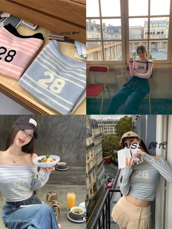 NIMO WANG 蘇黎世之約 初春穿搭一字肩針織衫上衣女打底毛衣