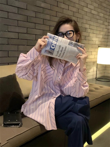 Official picture 2024 spring new Korean version loose slimming high-end striped shirt tops women's design niche