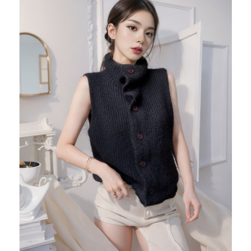 Gentle style sleeveless high collar single breasted knitted vest for women autumn fit slimming solid color vest fashionable top