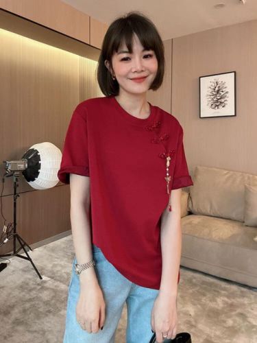 Large size new Chinese style plate button red round neck loose right shoulder short sleeve t-shirt for women in spring and summer fat mm slim inner top