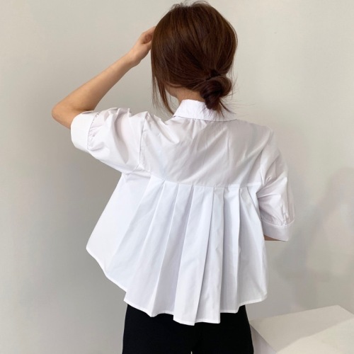 韩国夏季新款短袖衬衫设计感后背小心机百褶下摆宽松短款衬衫上衣