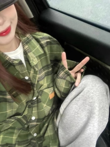 Original Cotton Color-Woven Retro Green Checkered Shirt for Women - Spring and Autumn New Design Sense Uncommon Blouse