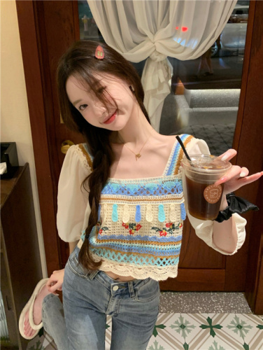 Actual shot~Summer new style crocheted hollow stitching knitted short-sleeved top for women