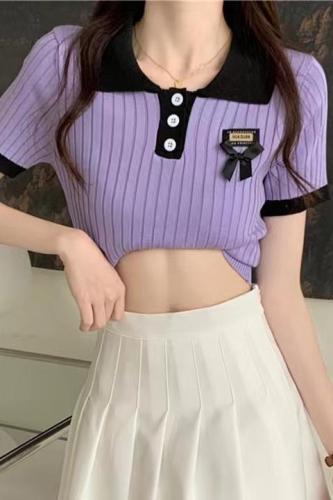 Summer design niche ice silk knitted short-sleeved t-shirt for women ins Korean version slim slim polo shirt short top