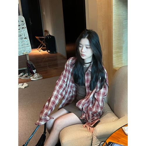 Official picture plaid shirt spring and summer Korean style layered versatile loose red cardigan long-sleeved sun protection top