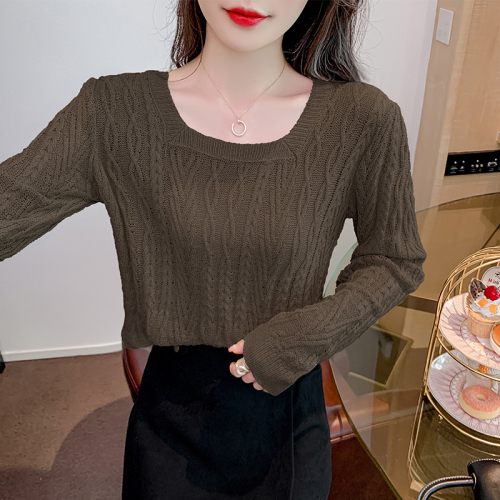 Real shot French knit top spring and autumn thin hollow twist soft breast style sweater for women with retro square collar has been shipped