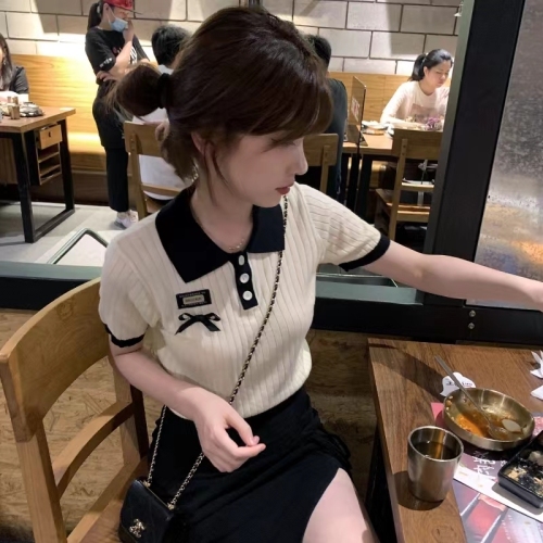 Summer design niche ice silk knitted short-sleeved t-shirt for women ins Korean version slim slim polo shirt short top