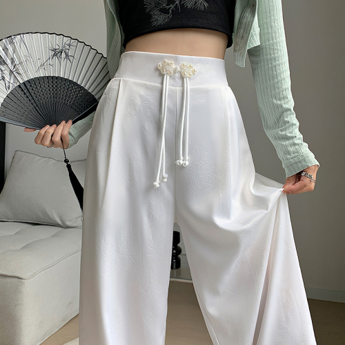 Real shot of new Chinese style national style buckle design black satin 2024 spring and summer new style loose straight wide leg pants for women