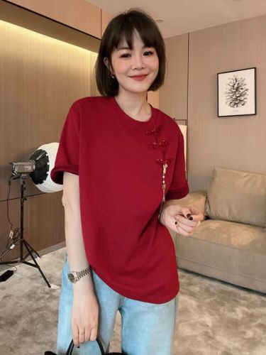 Large size new Chinese style plate button red round neck loose right shoulder short sleeve t-shirt for women in spring and summer fat mm slim inner top