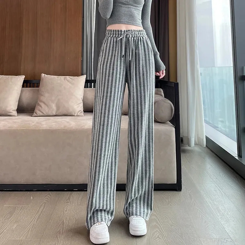 大碼胖MM冰絲條紋闊腿褲子女夏季新款高腰寬鬆垂墜感直筒休閒長褲