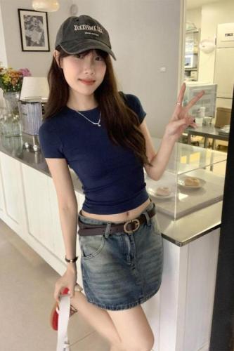 Actual pictures of loose elastic short-sleeved T-shirts for women spring and summer 2024 new basic casual niche sweet and spicy tops