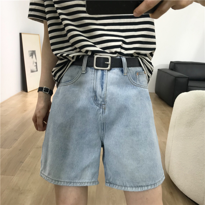 淺色寬鬆闊腿牛仔短褲女五分褲高腰寬鬆夏季新款5分騎行中褲