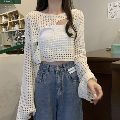 Woven hollow sweater for women, summer suspender outer blouse, designed with holes, loose long-sleeved sun protection short top