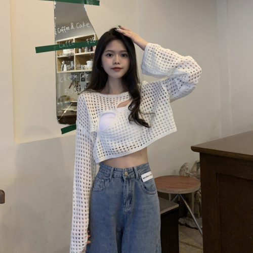 Woven hollow sweater for women, summer suspender outer blouse, designed with holes, loose long-sleeved sun protection short top