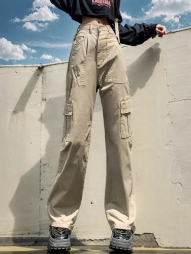 Non-actual shot of straight-leg jeans for women, multi-pocket high-waist slim khaki wide-leg workwear long pants