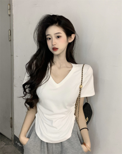 Real shot pure cotton pure desire v-neck short-sleeved t-shirt for women irregular slimming high-end hot girl right shoulder short top
