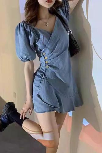 夏装韩版大码女装设计感荷叶边牛仔短裙宽松显瘦连衣裙S-5XL200斤