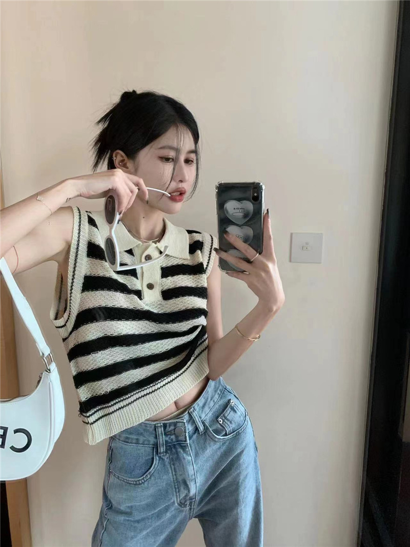 辣妹條紋針織吊帶背心女夏季鏤空寬鬆外穿內搭短款polo領無袖上衣