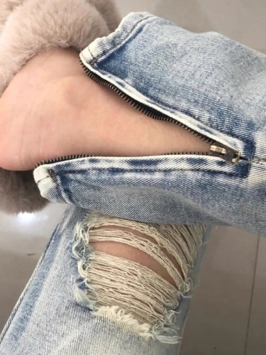 American summer ripped jeans for women 2024 new spring and summer high-waisted fashionable pants high street slit straight