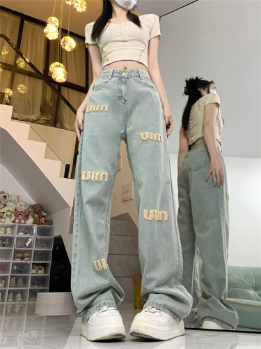 Real shot!  !  Letter embroidered straight jeans for women in autumn and winter new style small high waist slim casual long pants