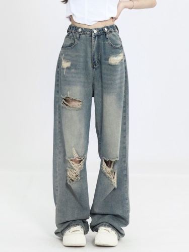 Retro wide-leg ripped jeans for women spring and summer 2024 new large size fat mm loose and slim straight floor-length mopping pants