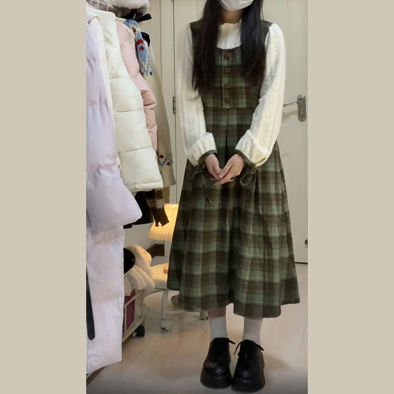綠色假兩件套裝格子連衣裙子女春冬季2024新款小個子穿搭氣質長裙