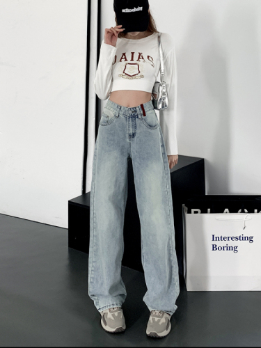 No velvet spring style light color embroidered wide leg jeans for women high waist slim versatile straight pants mopping the floor