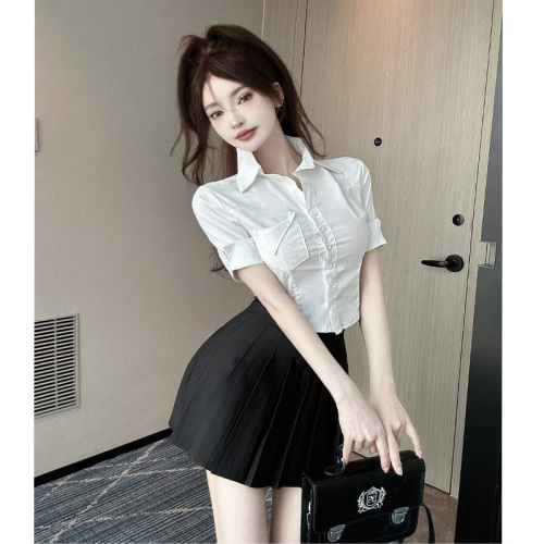 White short-sleeved shirt, pleated short skirt for little people in summer, two-piece suit for hot girls who want to lose age and look slimmer