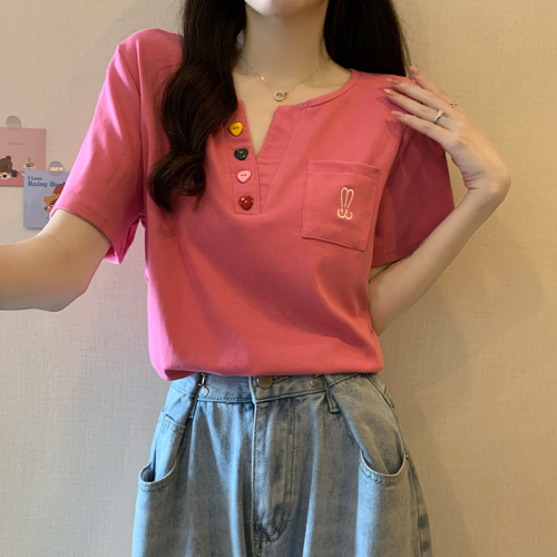 实拍 2024夏装韩版宽松32支棉拉架口袋纯色大码短袖T恤女