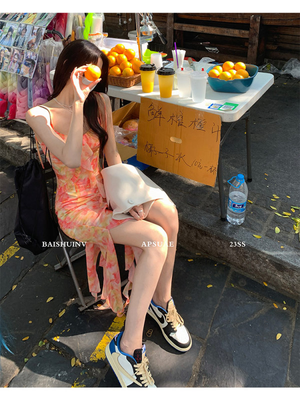 橘子海～浪漫氛圍感系帶連衣裙 白水女夏季不規則長裙