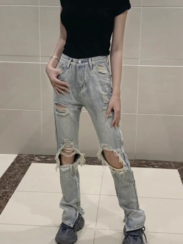 American summer ripped jeans for women 2024 new spring and summer high-waisted fashionable pants high street slit straight