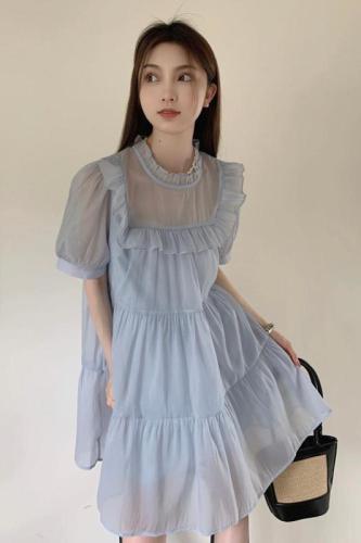 Real shot of age-reducing puff-sleeved short-sleeved dress for women, new summer style, gentle style, beautiful slimming skirt