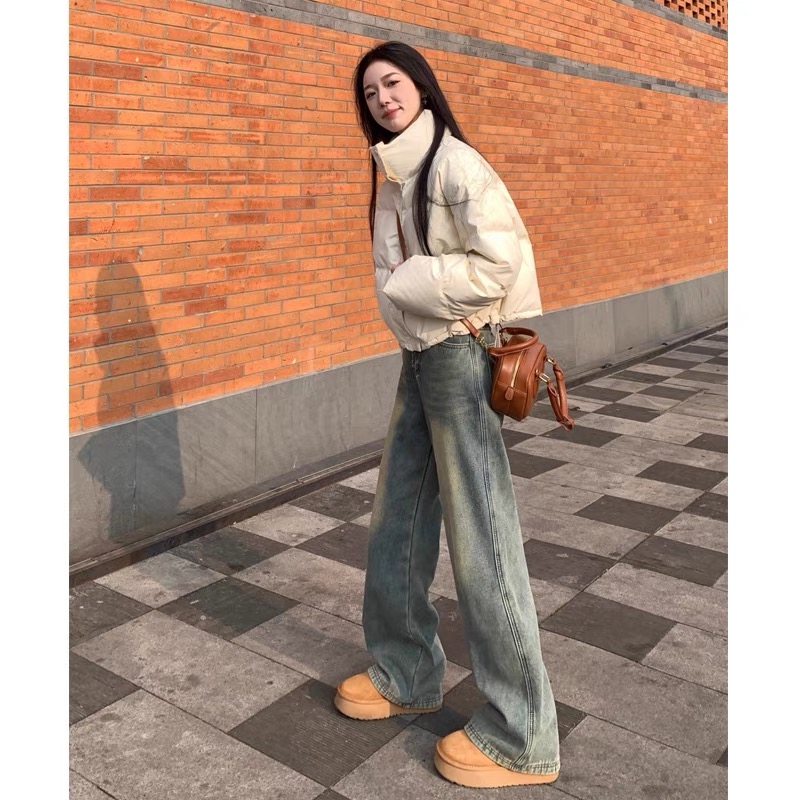 美式復古做舊直筒牛仔褲女2024春秋新款寬鬆顯瘦窄版闊腿拖地褲子