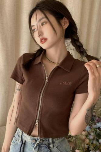 Real shot of sweet Polo collar short T-shirt for women with summer design double zipper short-sleeved top