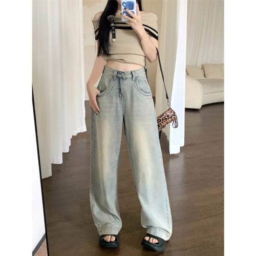 Retro Nostalgic Straight Jeans Women's Summer 2024 New Light Color Casual Versatile Wide Leg Floor-Mopping High Waist Pants