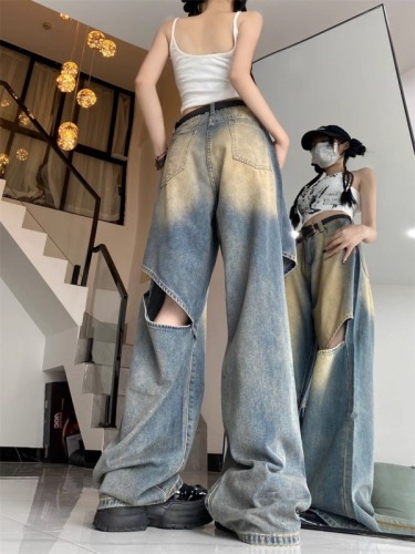 American retro gradient ripped jeans for women spring and autumn new design washed high waist wide leg floor mopping pants